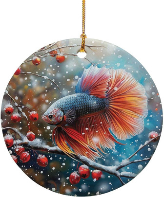 Snowy Betta Fish Ornament - Personalized Ceramic Keepsake For Christmas Tree, Engagement Or Wedding Gifts - Monsterry