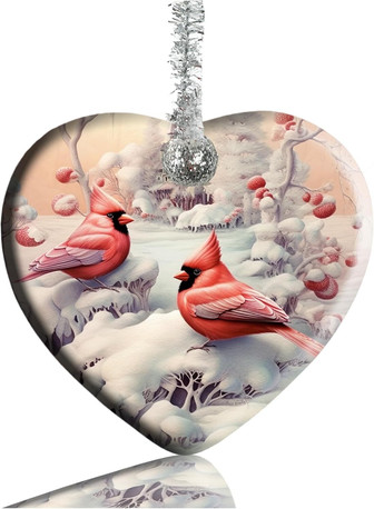 Creative Heart Porcelain Ornament - Christmas Tree Decor With Snowy Cardinals For Holiday Home - Monsterry