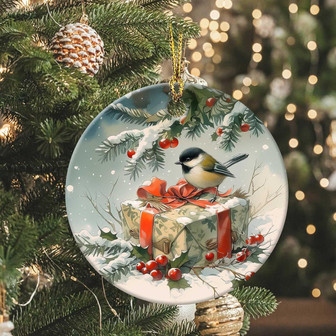 Cute Chickadee Ceramic Ornament With Holly & Red Berry - 2024 Christmas Keepsake For Tree Decoration Winter Holiday Gift - Monsterry