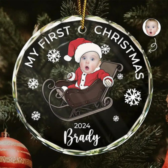 Custom Photo Circle Glass Ornament - Baby's First Christmas Keepsake Gift For Family - Monsterry