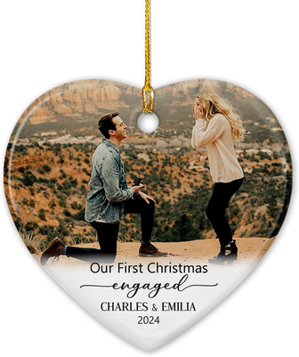 Personalized Newlywed Ornament - First Christmas Engaged 2024 Gift With Custom Photo & Names For Couples - Monsterry