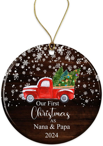 Our First Christmas As Nana & Papa 2024 Ornament For Grandparents - Personalized Ceramic Tree Decoration For New Grandparents - Car Theme Gift For Christmas - Monsterry