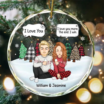 Thoughtful Personalized Circle Glass Ornament For Couples - Christmas Keepsake 'I Love You More' Design - Monsterry