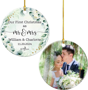First Christmas Mr & Mrs Ceramic Ornament | Custom Photo Wedding Gift For Newlyweds - Monsterry