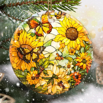 Personalized Stained Ceramic Butterfly With Sunflower For Holiday Decor - Ideal Christmas Tree Ornament Gifts - Monsterry