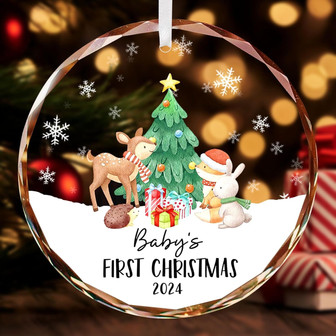 Personalized Crystal Glass Baby's First Christmas Ornament - Woodland Animals Theme For Newborns - 2024 Holiday Keepsake - Monsterry