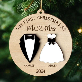 Thoughtful Personalized First Christmas Ornament For Newlyweds Mr & Mrs - Acrylic Layered Wedding Gift - Monsterry