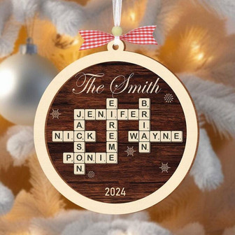 Grandkids Personalized 2-Layer Wooden Christmas Ornament - Crossword Puzzle Art For Thoughtful Holiday Gifts - Monsterry