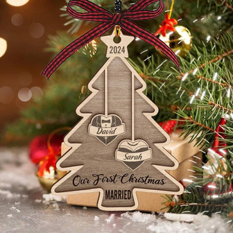 Personalized 2-Layered Wooden Ornament For Newlyweds - First Christmas Engaged Gift - Monsterry