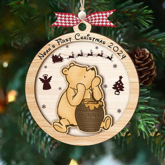 Personalized 2-Layered Wooden Ornament For Baby's First Christmas - Winnie The Pooh Theme - Monsterry
