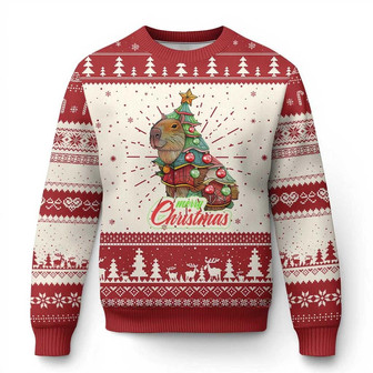 Cute Capybara Christmas Tree Ugly Christmas Sweater - Monsterry
