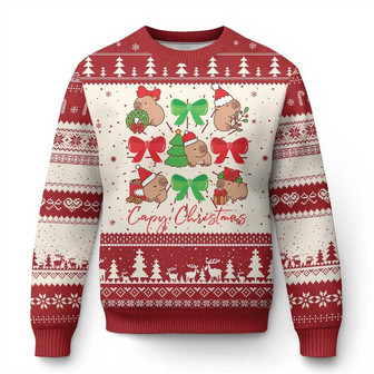 Funny Capybara Xmas Ugly Christmas Sweater Cute Capy Coquette Bow - Monsterry
