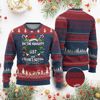Funny Ugly Christmas Sweater On The Naughty List And I Regret Nothing Xmas Tee - Monsterry