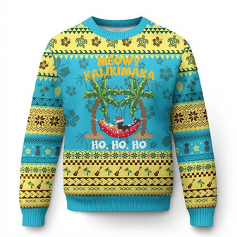 Funny Xmas In Hawaii Ugly Christmas Sweater Meowy Kalikimaka Cat Chillin' Ho Ho Ho Xmas Palm Tree - Monsterry