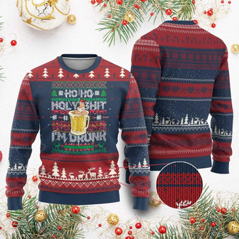 Funny Xmas Ugly Christmas Sweater Ho Ho Holy Shit I'm Drunk Santa Drinking Beer - Monsterry