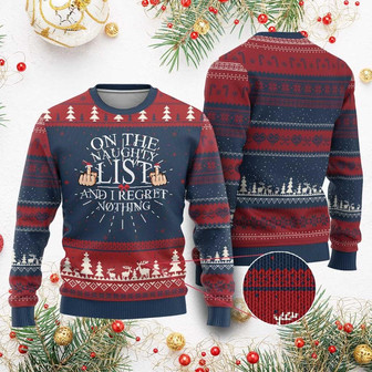 Funny Xmas Ugly Christmas Sweater On The List Of Naughty And I Regret Nothing Middle Finger - Monsterry