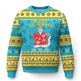 Hawaiian Xmas Cute Cat Ugly Christmas Sweater Meowy Kalikimaka Hawaiian Cat Ho Ho Ho Xmas Tree - Monsterry