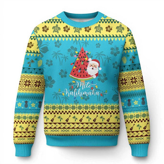 Mele Kalikimaka Hawaiian Ugly Christmas Sweater Watermelon Summer Tree Tropical Hawaii Santa Xmas Gift Family Holiday - Monsterry