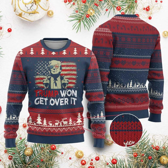 Trump 2024 Ugly Christmas Sweater He Won Get Over It Patriotic Vintage American Flag - Monsterry