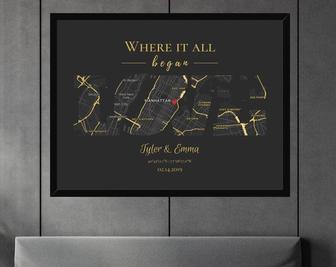 Where We Met Map Canvas - Custom Heart Design For Boyfriend, One Year Anniversary Gift Location Map Print | Familywalldecor