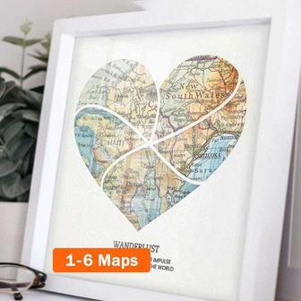 Couple Milestone Heart Map Canvas - Personalized Travel Locations, Curved Split Design For Wedding & Anniversary | Familywalldecor