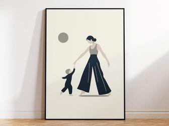 Scandinavian Mother Son Poster – Minimalist Canvas For Nordic Kids Room, Single Mom Gift | Familywalldecor