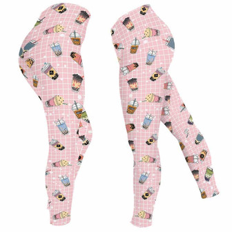 Bubble Tea Milk Tea Cups Pattern Pink Leggings - Monsterry