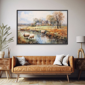 Sheep Grazing By The River - Rustic Farmhouse Canvas for Wall Decor | Familywalldecor