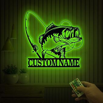 Personalized Bass Fishing Metal Wall Art For Dad With LED Lights - Fish Pole Decor For Lake House Or Man Cave | Familywalldecor