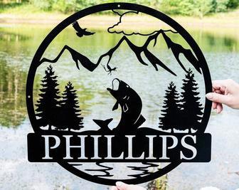 Customized Bass Metal Wall Art For Dad - Outdoor Fishing Monogram Sign | Unique Fisherman Gift | Familywalldecor