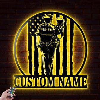 Personalized Police Dad Metal Wall Art With LED Light - American Flag Design For Father's Day Gifts Home Decor | Familywalldecor