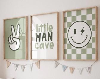 Sage Green Baby Boy Nursery Wall Art Canvas - Neutral Kids Room Decor With Checkered Smiley Theme | Familywalldecor AU