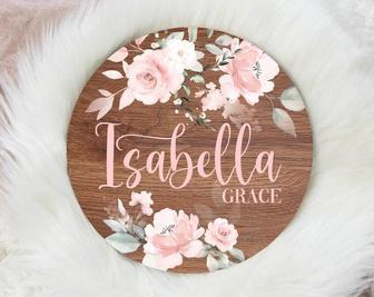 Round Wood Nursery Sign For Baby Girls - Floral Birth Announcement Wall Decor | Familywalldecor CA