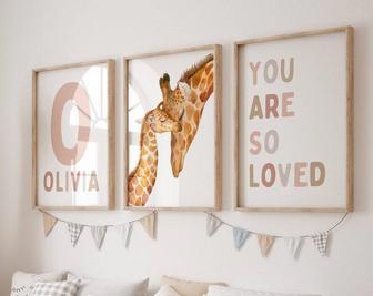 Personalized Boho Giraffe Nursery Canvas Set For Baby Girl Room, Blush Pink Wall Art | Familywalldecor CA