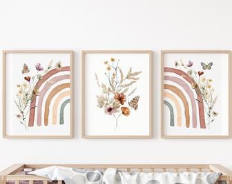 Set of 3 Boho Rainbow Nursery Canvas For Baby Girl - Dreamy Wildflowers Wall Art - Nursery Ideas | Familywalldecor UK