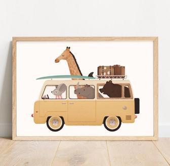 Funny Animal Canvas For Nursery - Cute Bear And Giraffe Art For Kids Room | Familywalldecor UK