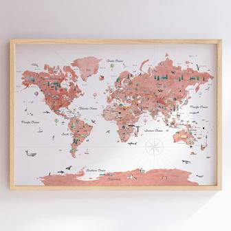 Nursery World Map Canvas For Kids Room Decor - Educational & Travel Theme Animal Watercolor Art | Familywalldecor UK