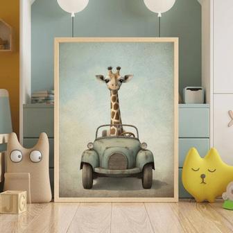 Giraffe Safari Canvas For Boys Room - Animal Car Print Nursery Art | Familywalldecor UK