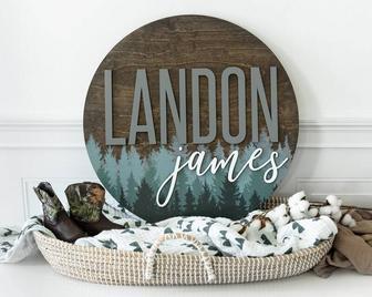 Personalized Round Wood Sign With Pine Tree Pattern For Woodland-Themed Nursery | Familywalldecor CA