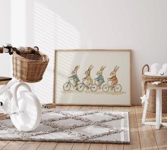 Vintage Bicycle Bunnies For Toddler Room - Peter Rabbit Canvas Artwork | Familywalldecor UK