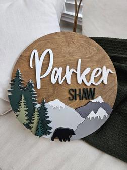 Personalized Round Wood Nursery Sign With Woodland Theme For Boys Room Or Baby Shower Gift | Familywalldecor CA