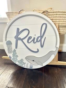 Personalized Whale Round Wood Sign - Ocean Theme Decor for Baby Room | Familywalldecor UK