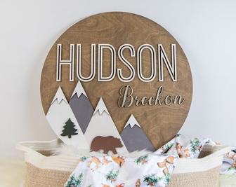 Personalized Round Wood Nursery Sign - 3D Mountain Woodland Theme For Baby Room Decor | Familywalldecor CA