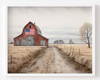 Rustic Farmhouse American Flag Barn Canvas - Vintage Country Watercolor For Living Room Decor | Familywalldecor AU