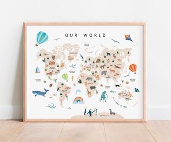 Educational Safari Animal Nursery World Map Canvas For Kids Room Decor Digital Download | Familywalldecor UK