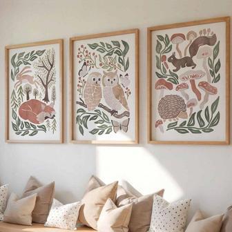 Woodland Nursery Canvas Set For Kids Room - Forest Animal Art, Cottagecore Decor | Familywalldecor UK