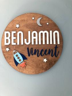 Personalized Space-Themed Wood Sign For Baby Boy Nursery - Rocket Design Above Crib | Familywalldecor CA