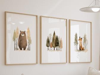 Woodland Nursery Canvas With Forest Animals For Baby Room Decor - Cute Bear Fox Mountain Design - Ideal Baby Shower Gift | Familywalldecor CA