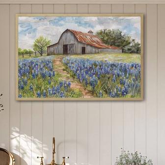 Rustic Farmhouse Canvas Art Landscape With Barn And Bluebonnets For Country Living Room Decor | Familywalldecor CA