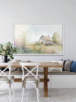 Rustic Farmhouse Canvas Featuring Wildflower And Barn - Watercolor Country Landscape For Living Room | Familywalldecor CA